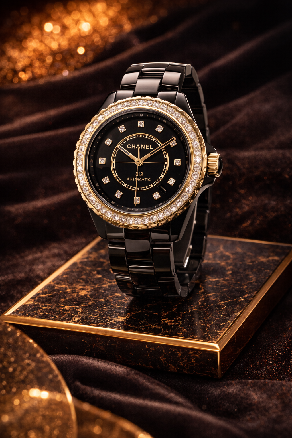 Chanel J12 automatic watch on luxury display box with gold decor